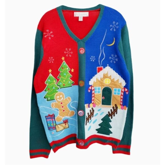Ugly Christmas Sweater Cardigan With Gingerbread & Snowman Design Medium - Picture 1 of 1